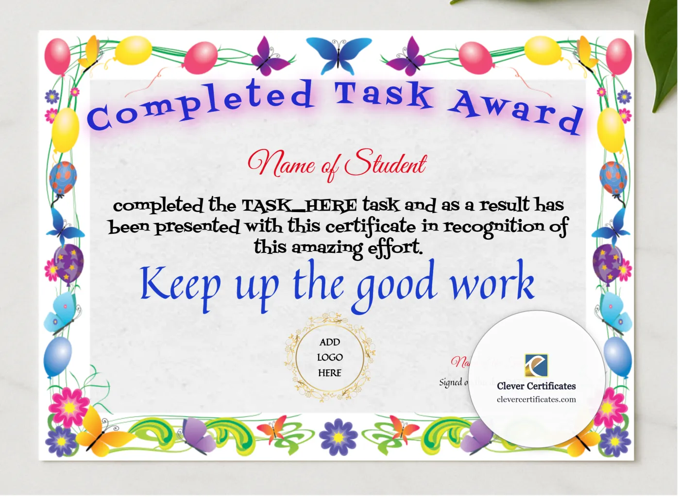 Completed Task Award presented in a sleek wooden frame, elegantly arranged on a stylish table.