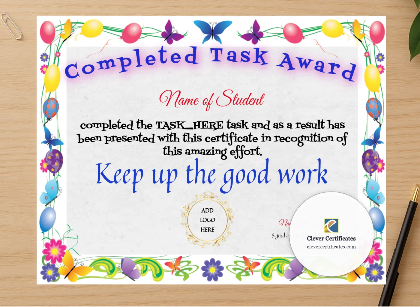 Professional preview of Completed Task Award certificate on high-quality stationery paper, ideal for showcasing the final look.