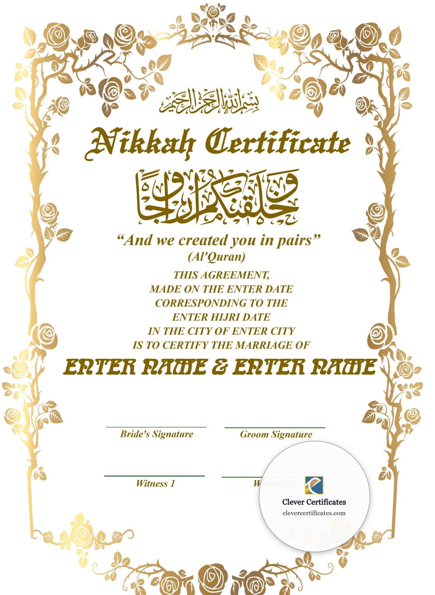 Editable Nikkah Certificate — Certificate Template Preview