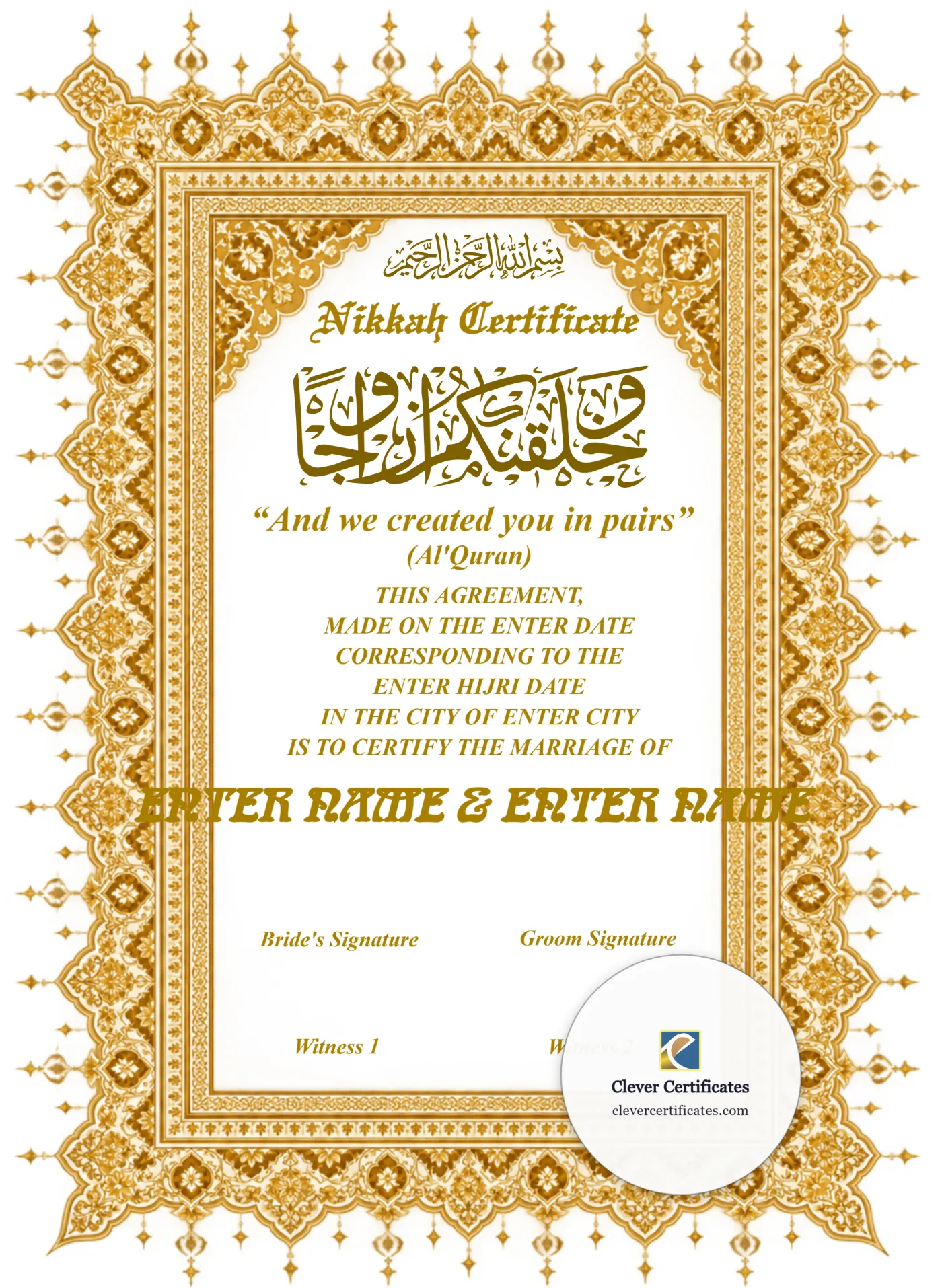 Nikah Certificate Template for USA — Certificate Template Preview