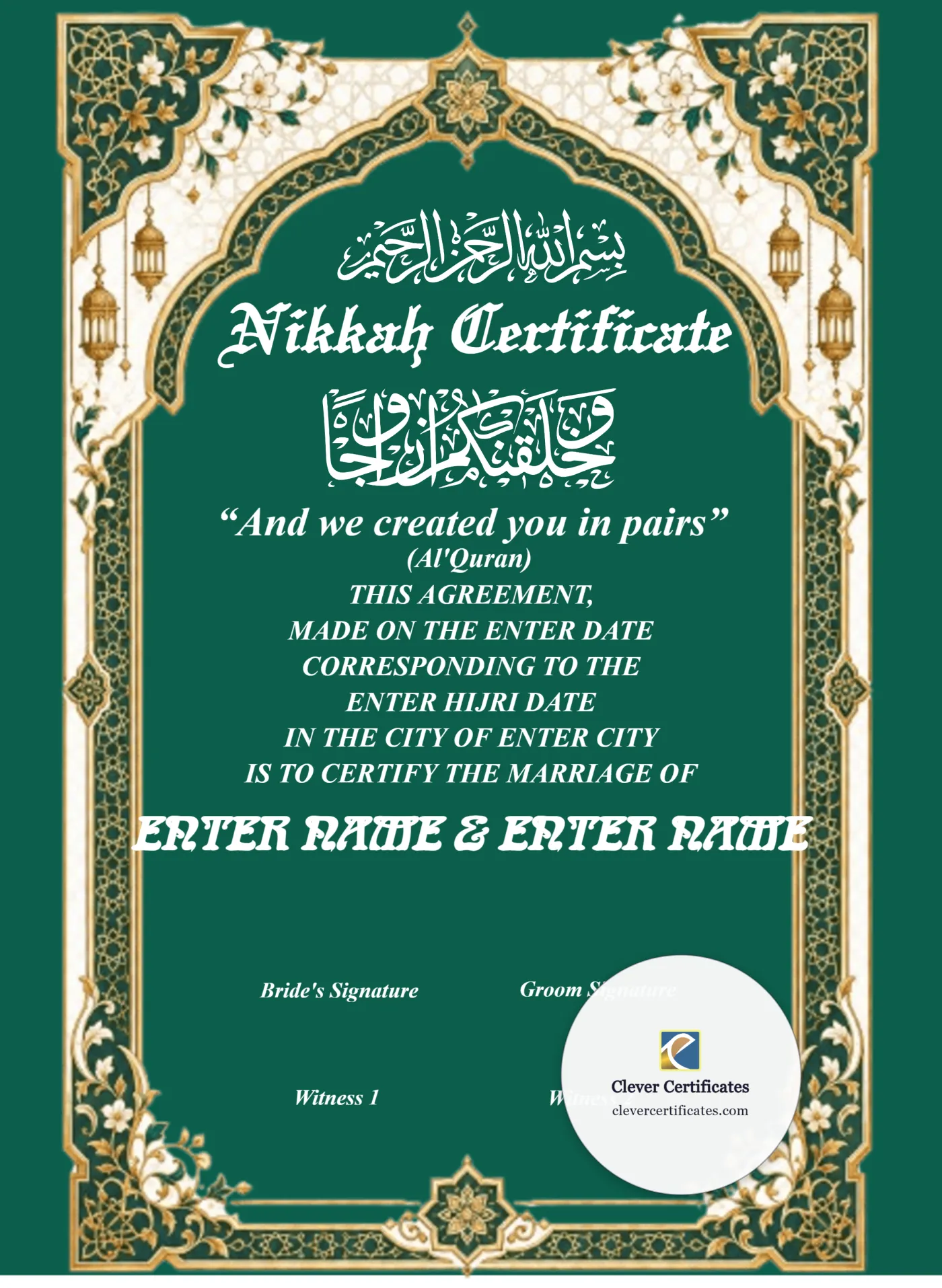 Islamic Marriage Certificate Template UK — Certificate Template Preview