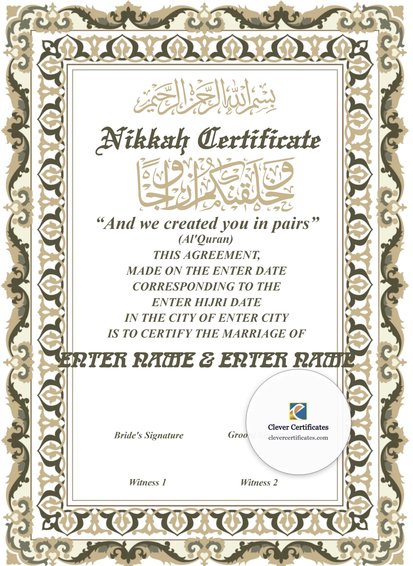 Muslim Marriage Certificate Template Australia — Certificate Template Preview