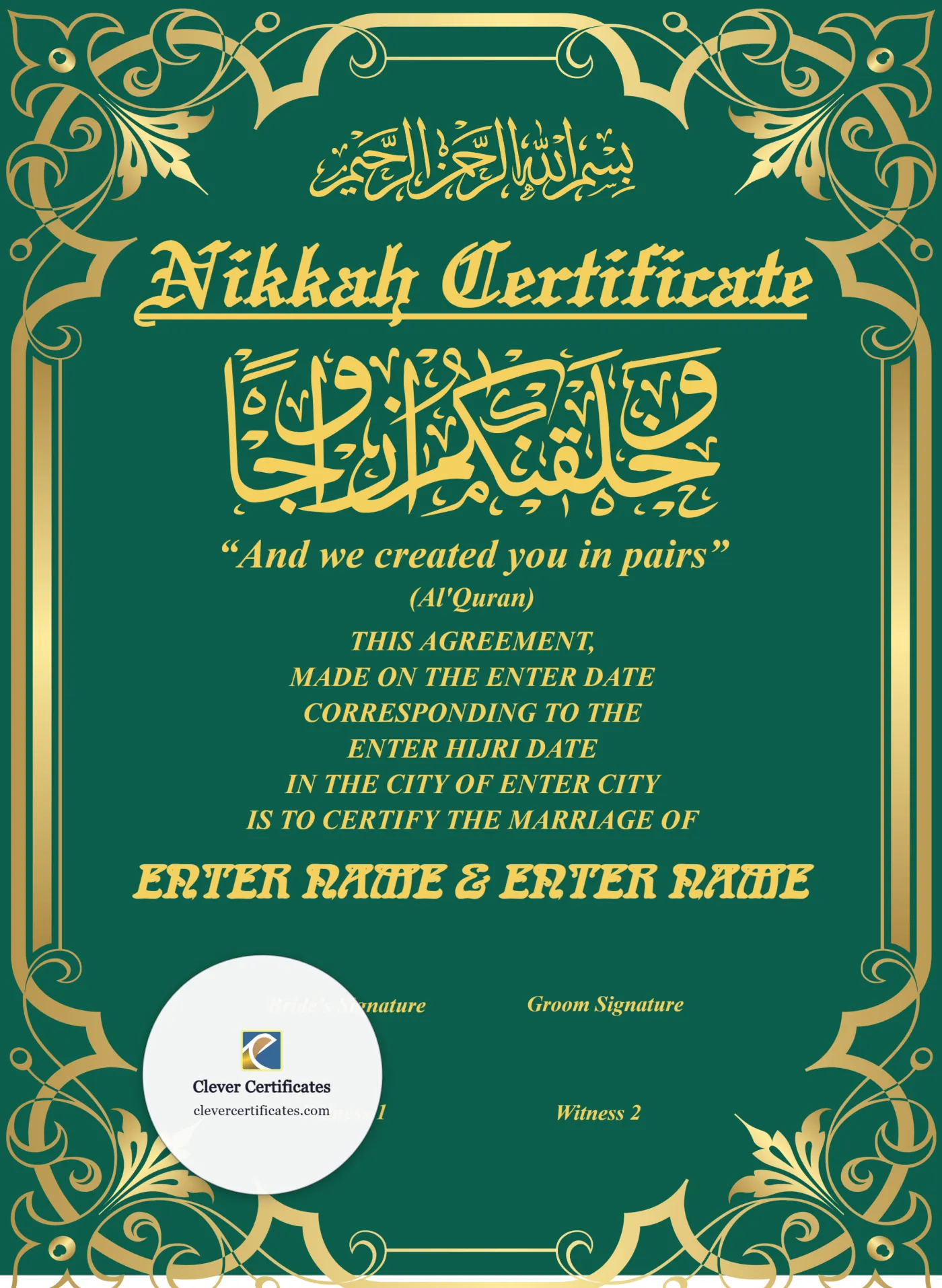 Nikah Certificate Template Canada — Certificate Template Preview