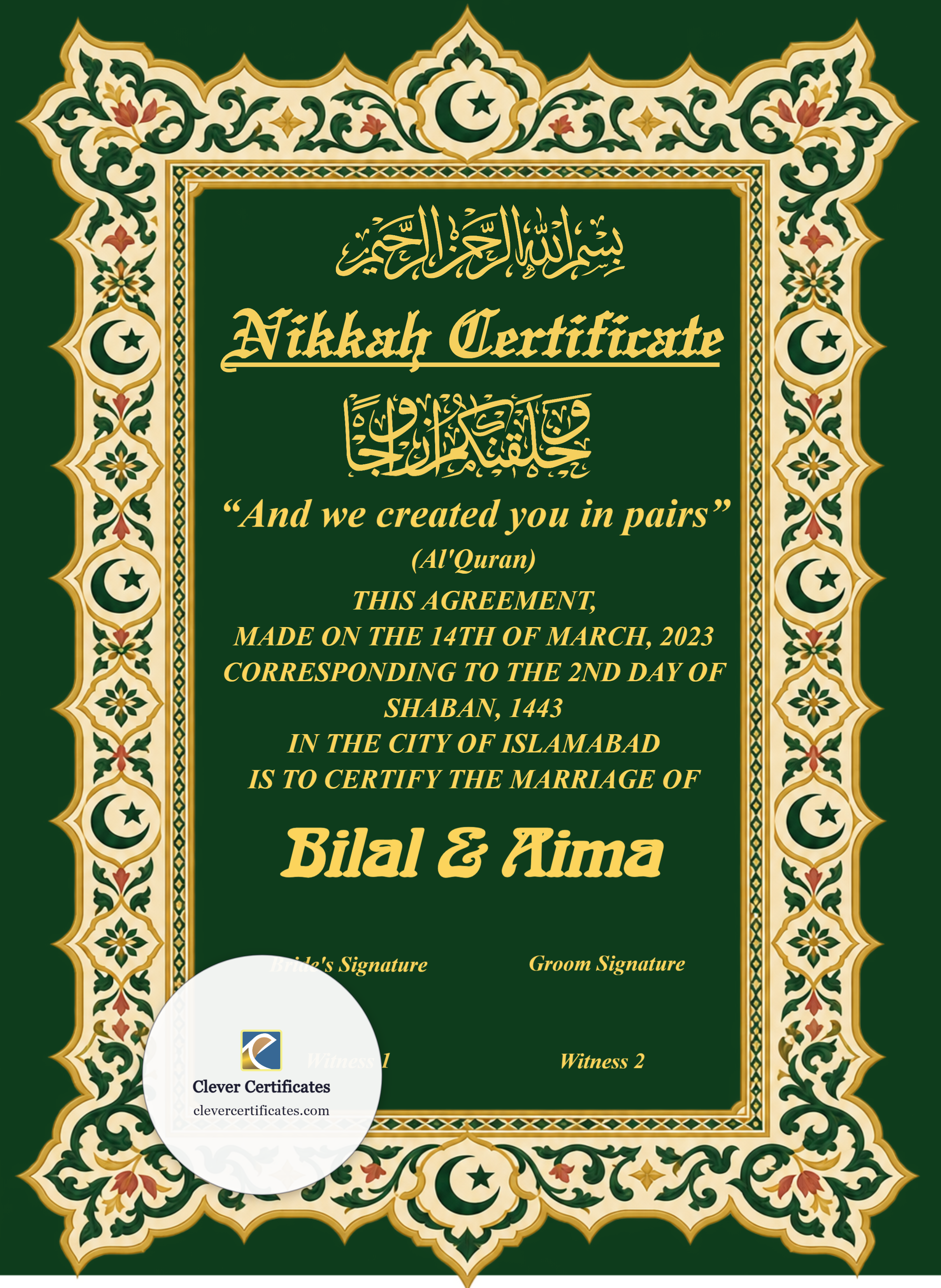 Nikah Certificate Template with Witnesses — Certificate Template Preview
