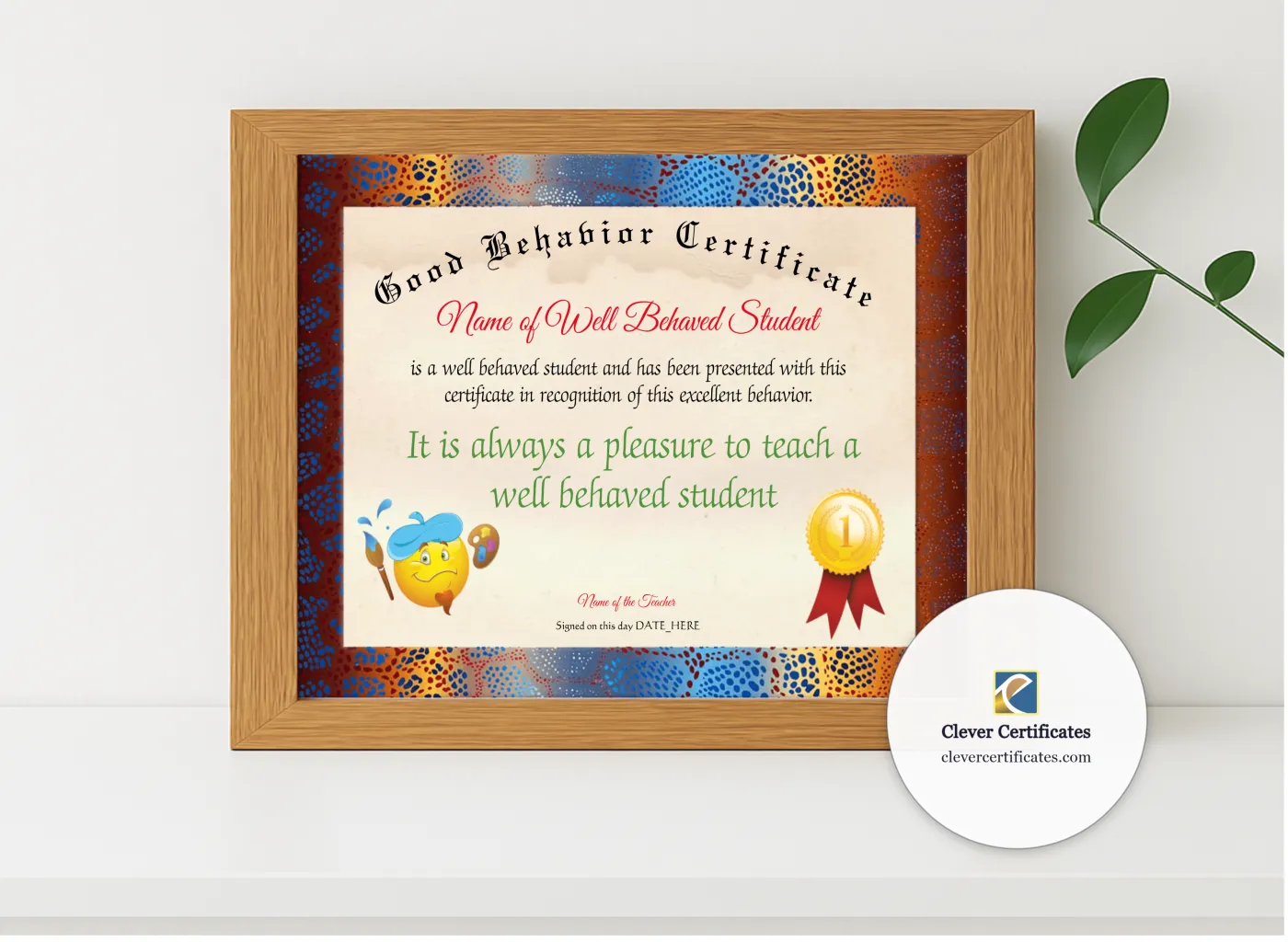 Realistic mockup featuring Good Behavior Certificate displayed within a modern frame, set against a minimalistic background.