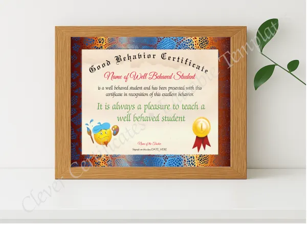 Realistic mockup featuring Good Behavior Certificate displayed within a modern frame, set against a minimalistic background.