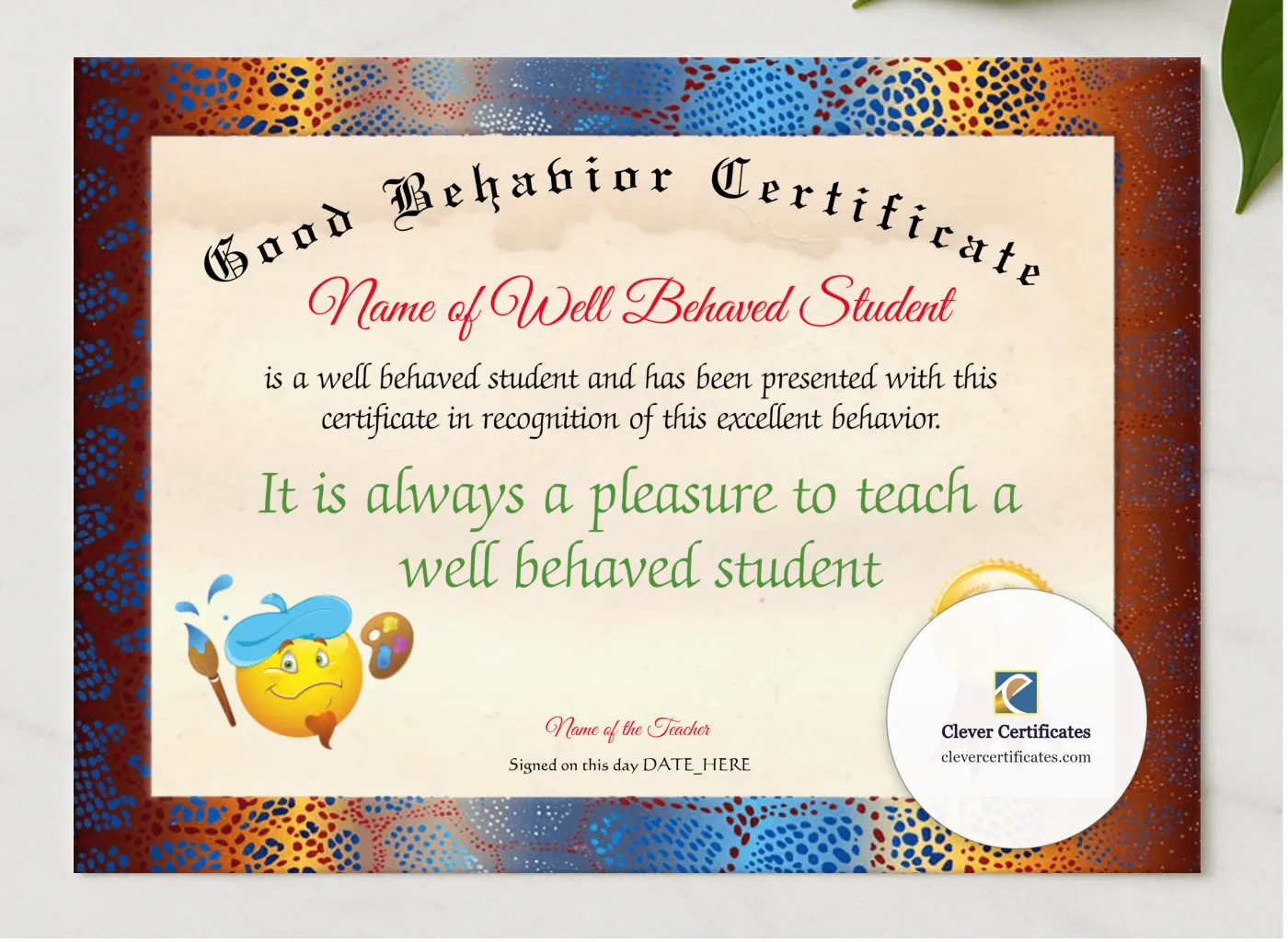 Good Behavior Certificate presented in a sleek wooden frame, elegantly arranged on a stylish table.