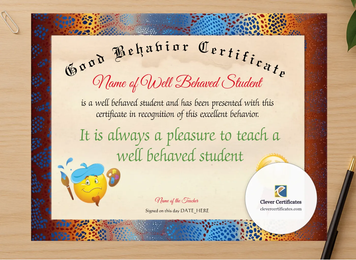 Professional preview of Good Behavior Certificate certificate on high-quality stationery paper, ideal for showcasing the final look.
