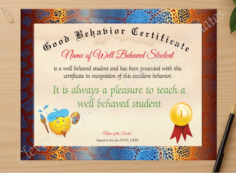Professional preview of Good Behavior Certificate certificate on high-quality stationery paper, ideal for showcasing the final look.