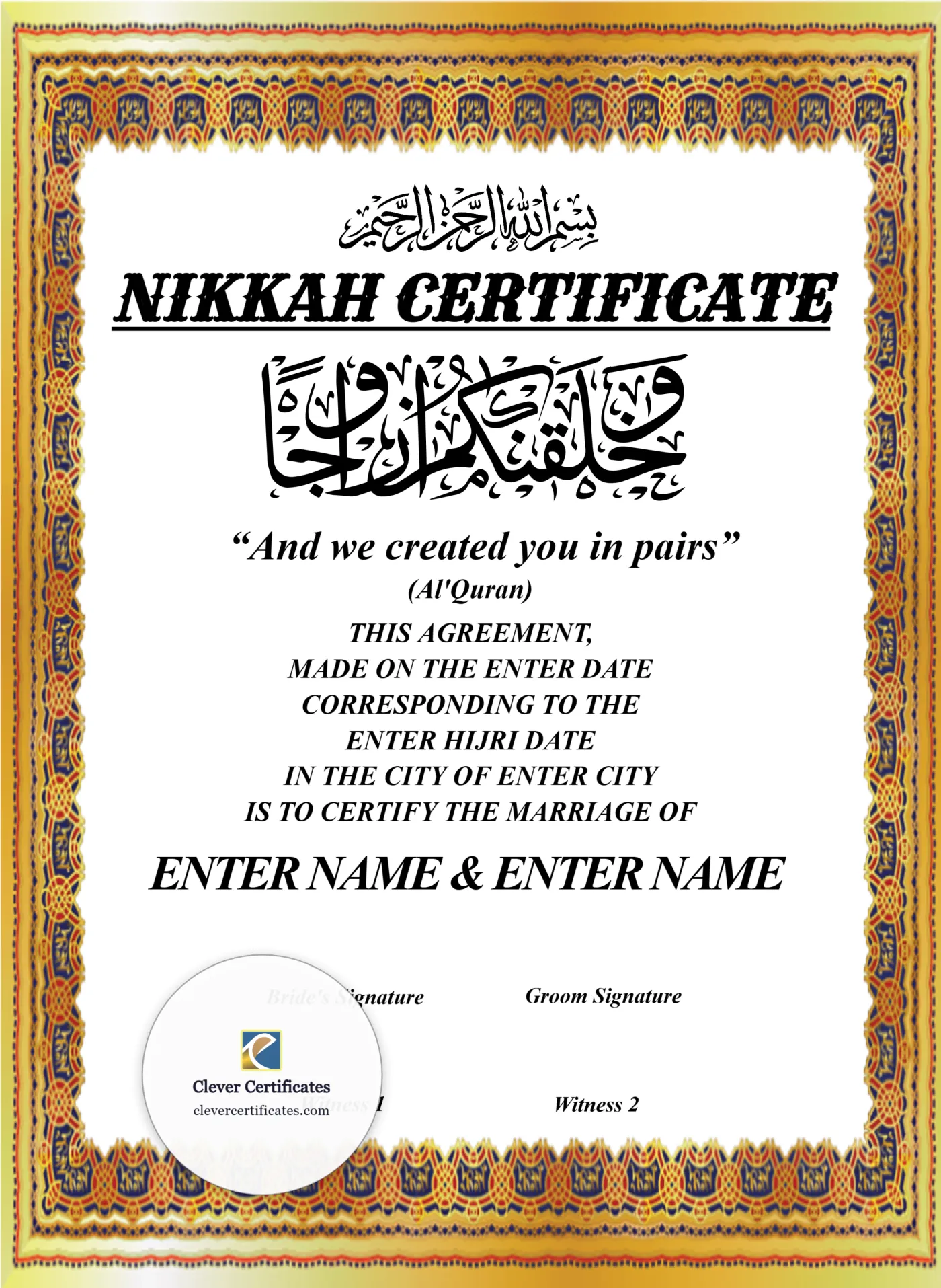 Nikkah Certificate Template UK — Certificate Template Preview