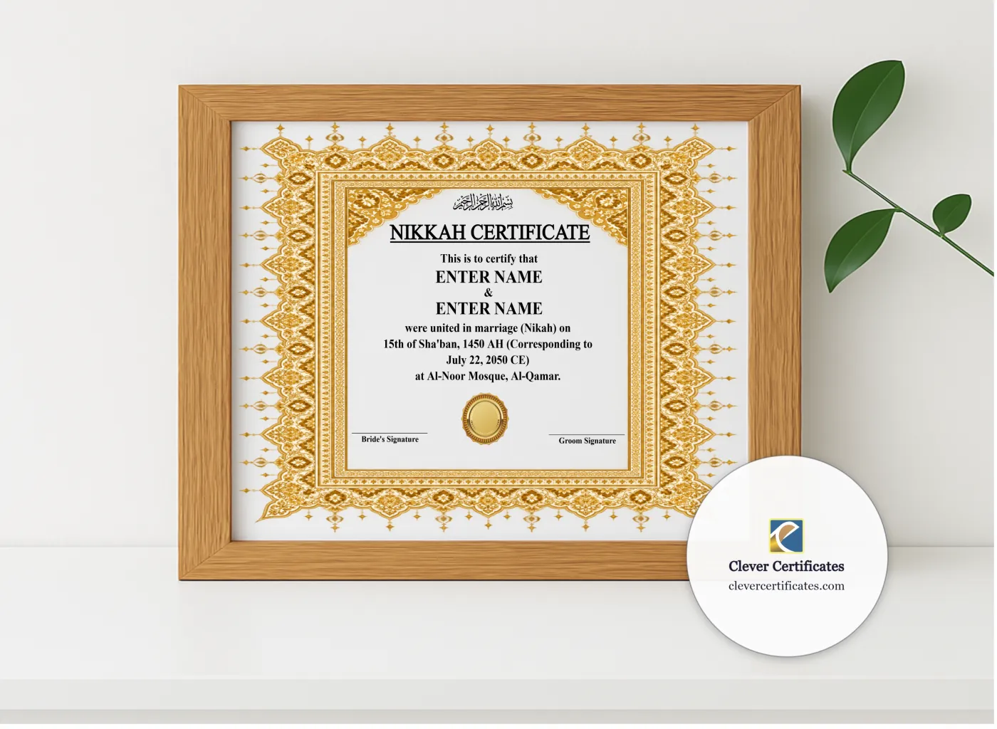 Realistic mockup featuring Nikah Certificate Template for USA Landscape displayed within a modern frame, set against a minimalistic background.