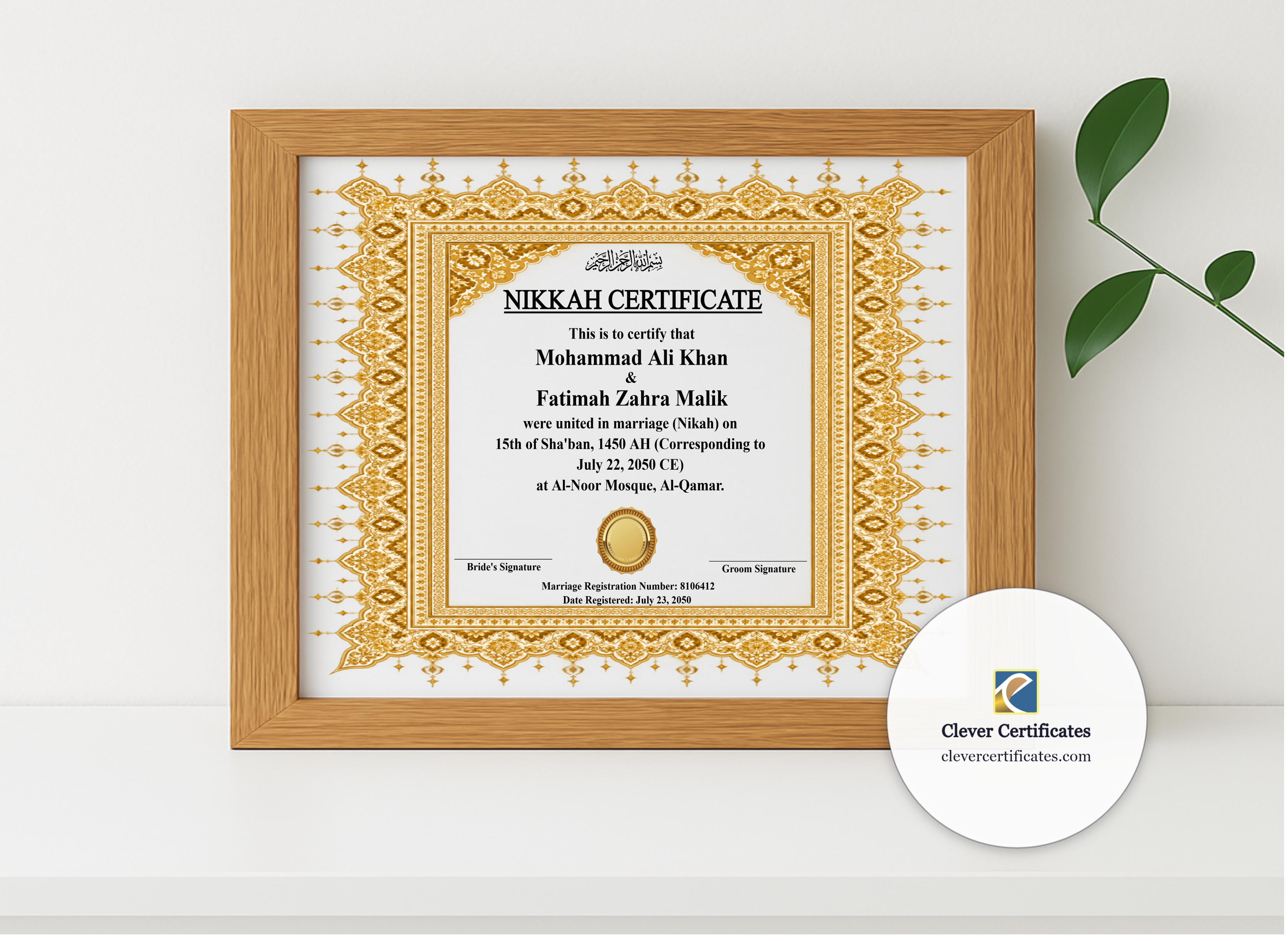 Realistic mockup featuring Nikah Certificate Template for USA Landscape displayed within a modern frame, set against a minimalistic background.