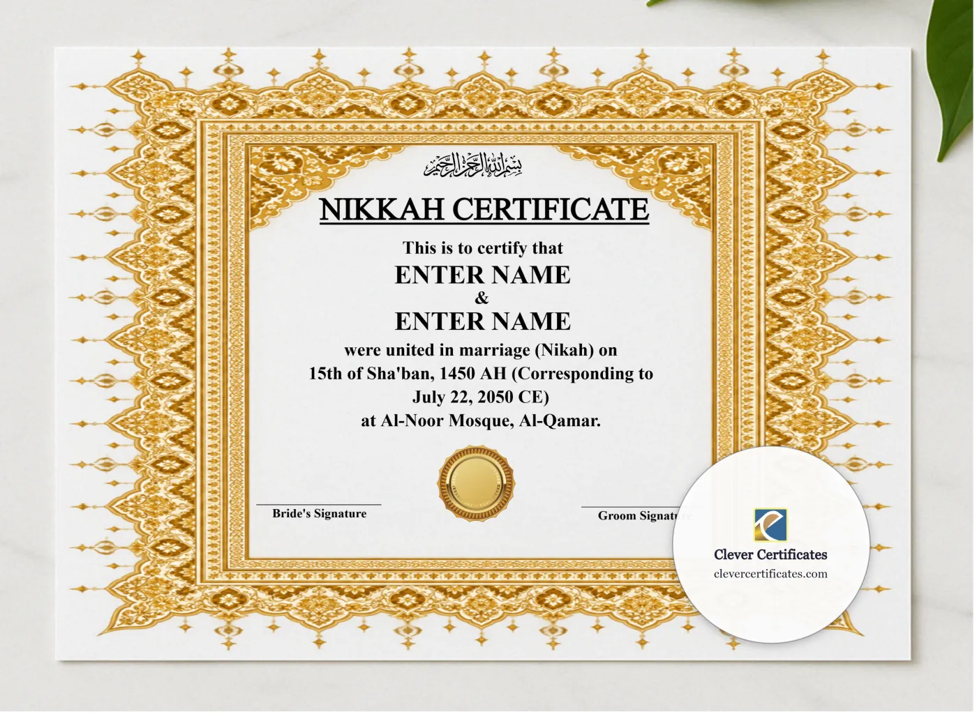Nikah Certificate Template for USA Landscape presented in a sleek wooden frame, elegantly arranged on a stylish table.