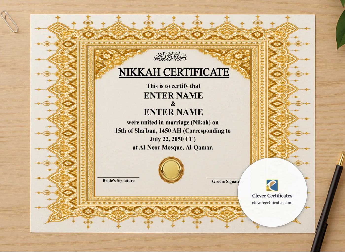 Professional preview of Nikah Certificate Template for USA Landscape certificate on high-quality stationery paper, ideal for showcasing the final look.