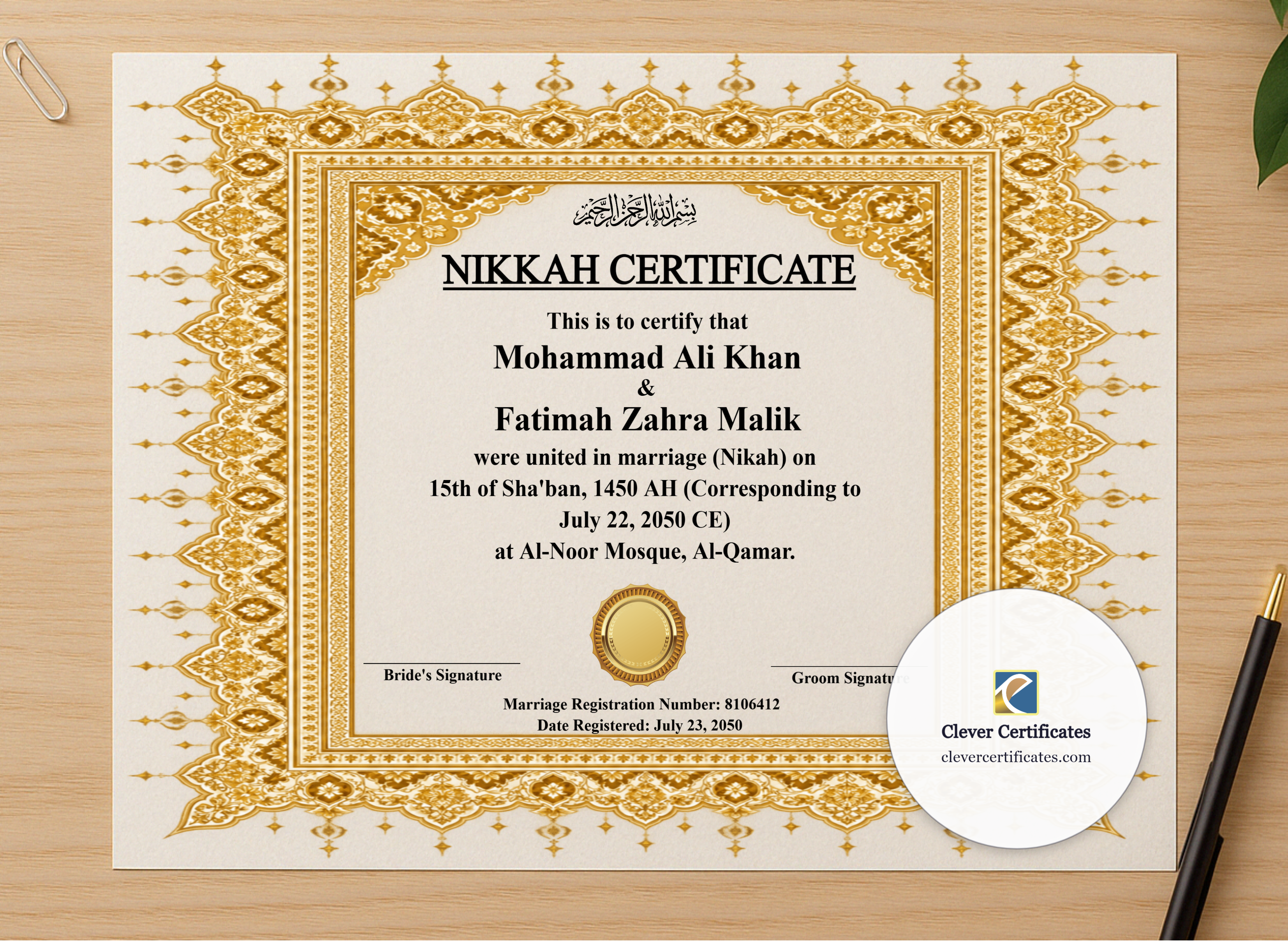 Professional preview of Nikah Certificate Template for USA Landscape certificate on high-quality stationery paper, ideal for showcasing the final look.
