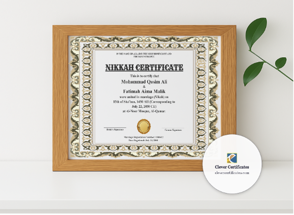 Realistic mockup featuring Islamic Marriage Certificate Template UK Landscape displayed within a modern frame, set against a minimalistic background.