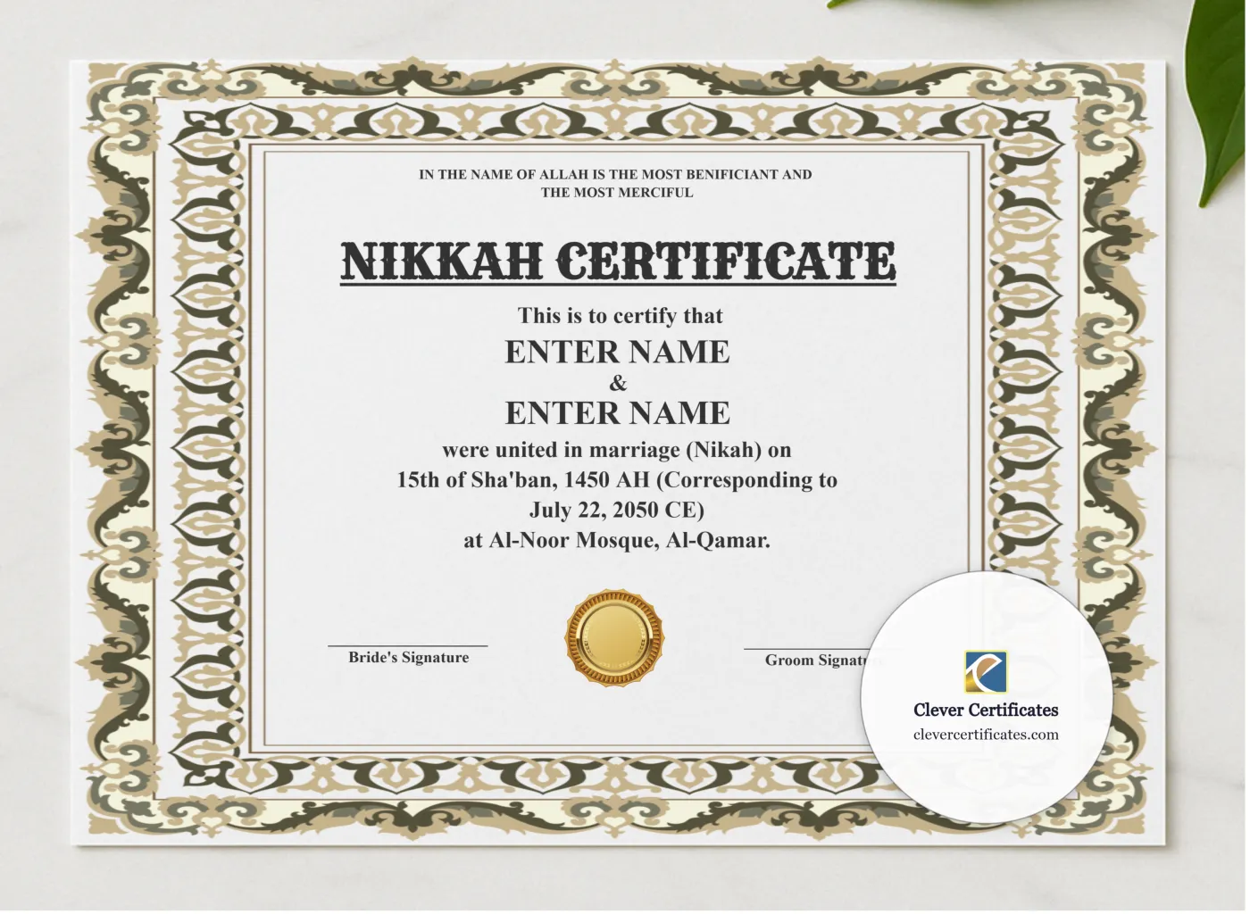 Islamic Marriage Certificate Template UK Landscape presented in a sleek wooden frame, elegantly arranged on a stylish table.