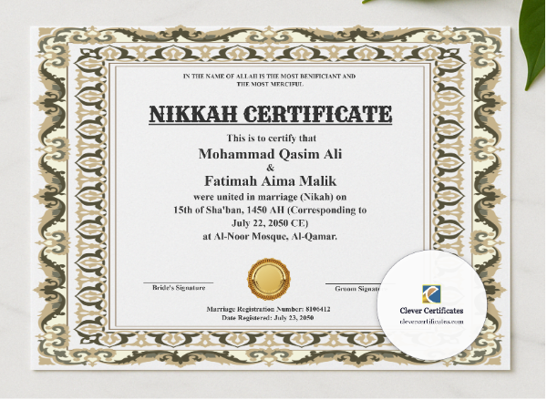 Islamic Marriage Certificate Template UK Landscape presented in a sleek wooden frame, elegantly arranged on a stylish table.