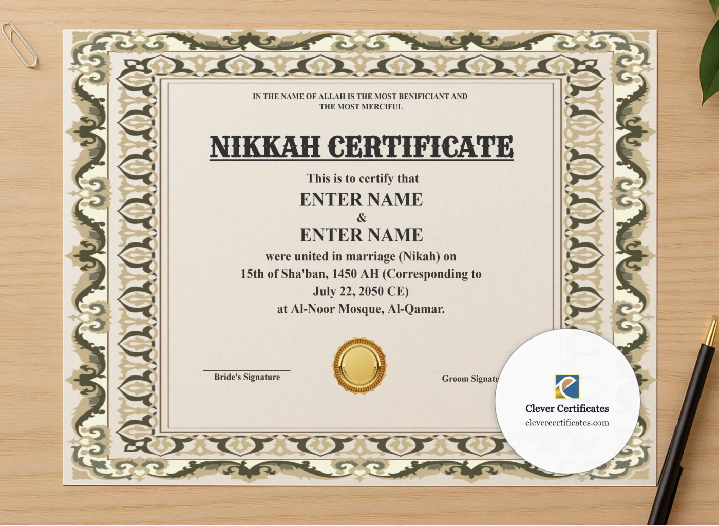 Professional preview of Islamic Marriage Certificate Template UK Landscape certificate on high-quality stationery paper, ideal for showcasing the final look.