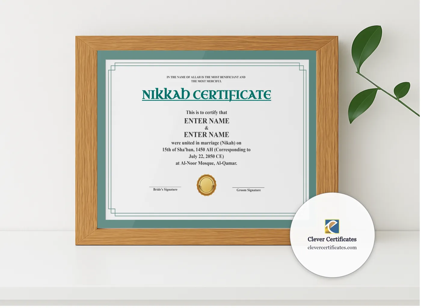 Realistic mockup featuring Muslim Marriage Certificate Template Australia Landscape displayed within a modern frame, set against a minimalistic background.
