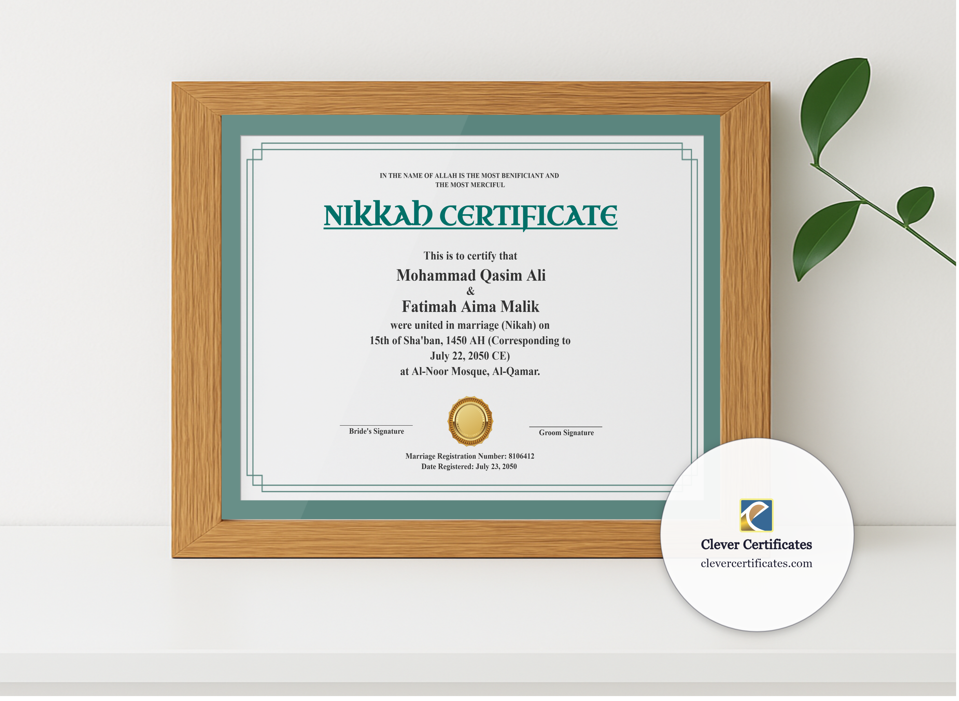 Realistic mockup featuring Muslim Marriage Certificate Template Australia Landscape displayed within a modern frame, set against a minimalistic background.
