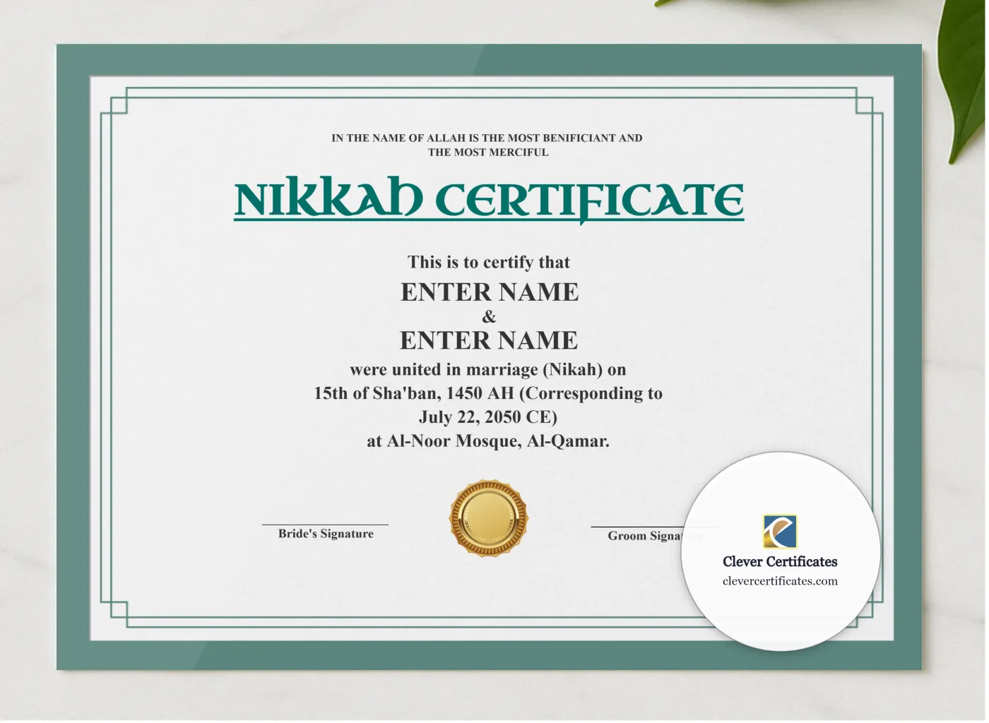 Muslim Marriage Certificate Template Australia Landscape presented in a sleek wooden frame, elegantly arranged on a stylish table.