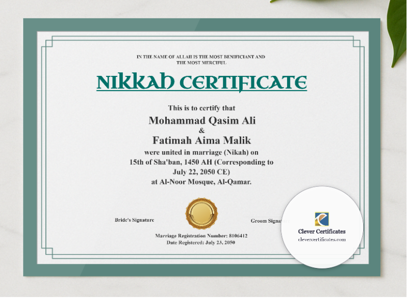 Muslim Marriage Certificate Template Australia Landscape presented in a sleek wooden frame, elegantly arranged on a stylish table.