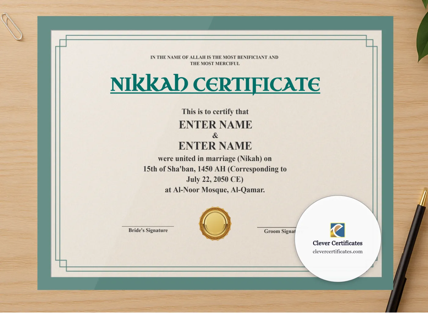 Professional preview of Muslim Marriage Certificate Template Australia Landscape certificate on high-quality stationery paper, ideal for showcasing the final look.