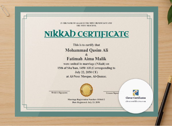 Professional preview of Muslim Marriage Certificate Template Australia Landscape certificate on high-quality stationery paper, ideal for showcasing the final look.