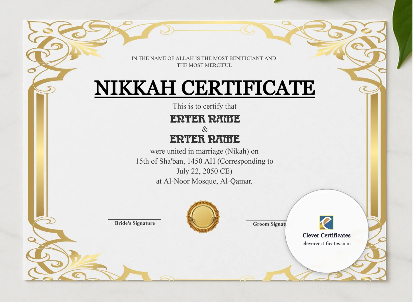 Nikah Certificate Template Canada Landscape presented in a sleek wooden frame, elegantly arranged on a stylish table.