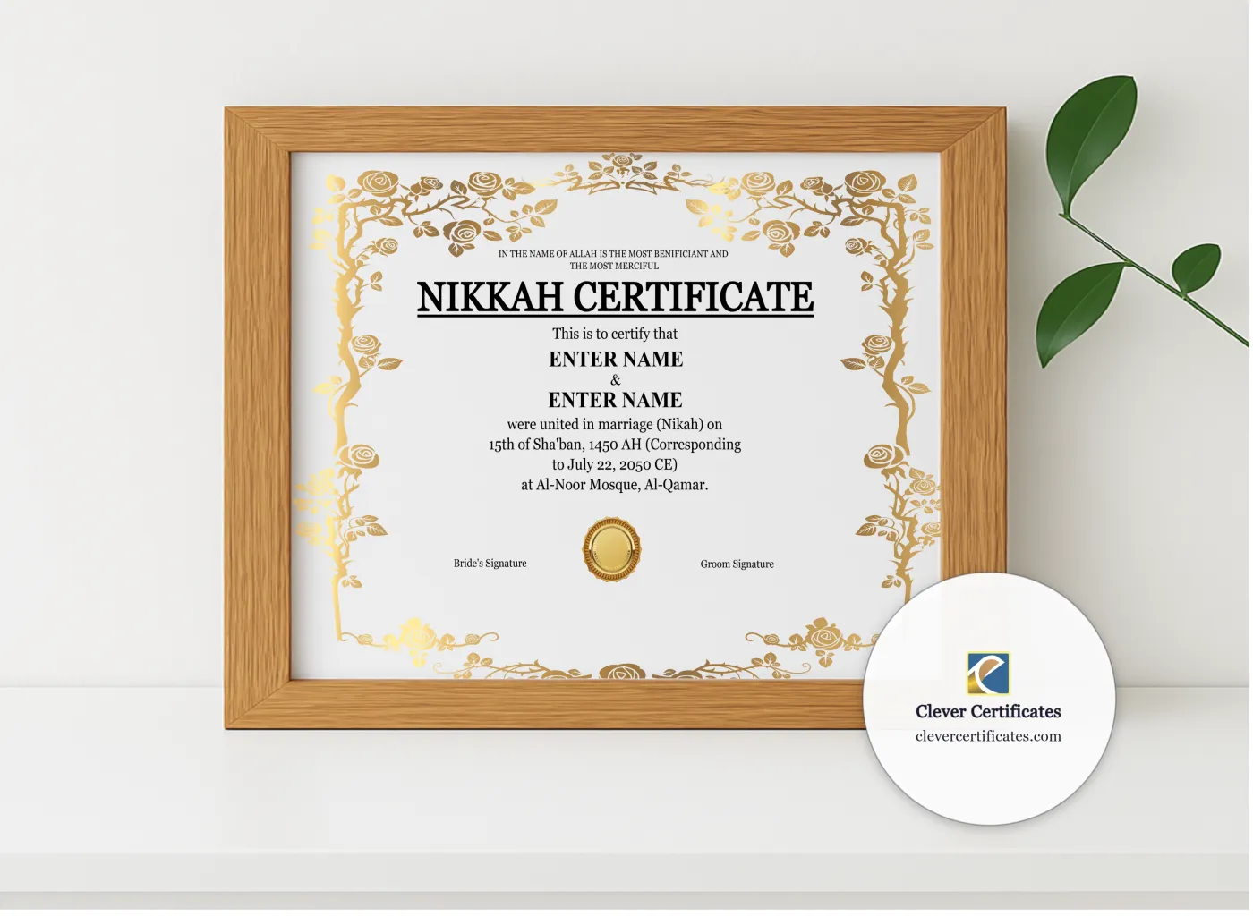 Realistic mockup featuring Nikah Certificate Template with Witnesses Landscape displayed within a modern frame, set against a minimalistic background.