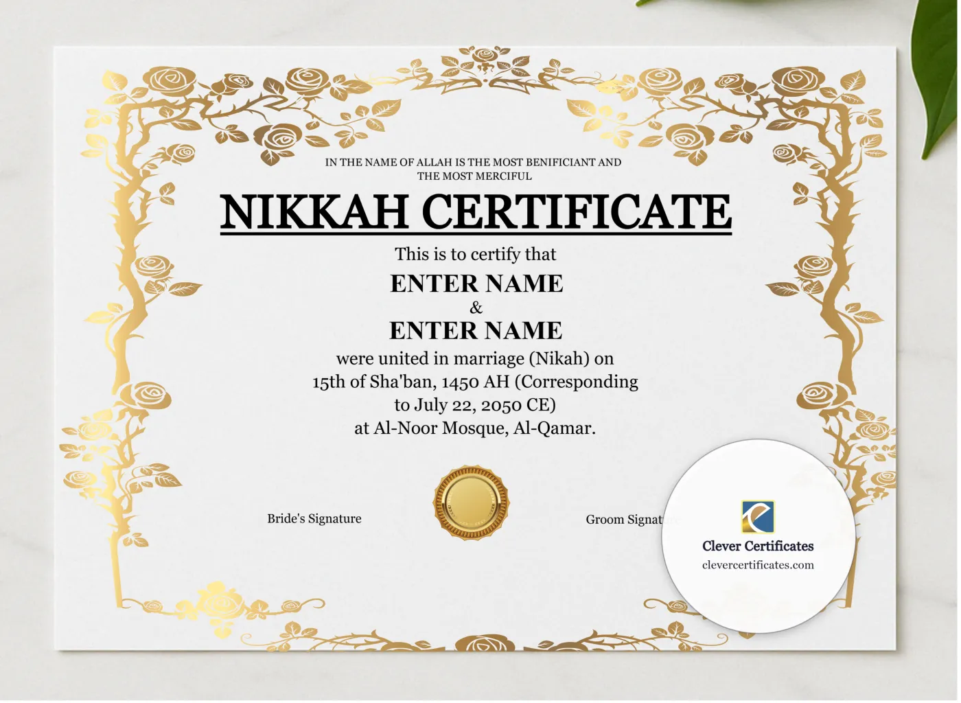 Nikah Certificate Template with Witnesses Landscape presented in a sleek wooden frame, elegantly arranged on a stylish table.