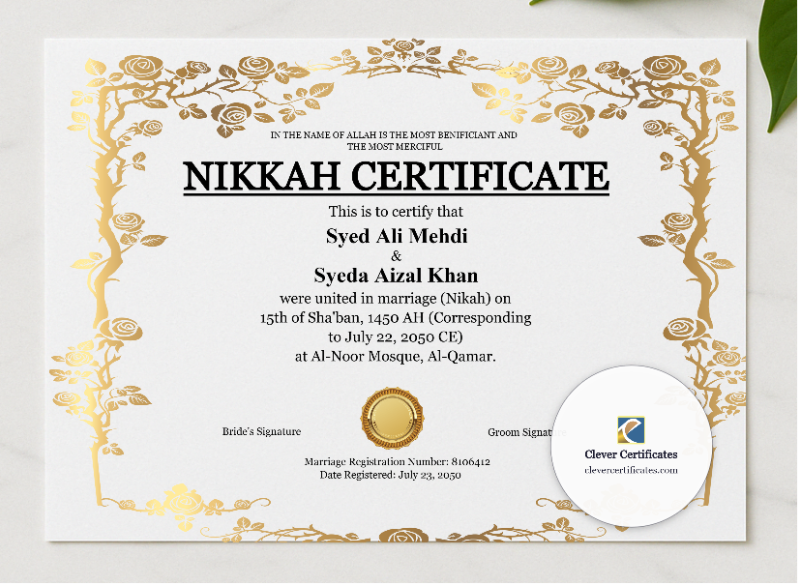 Nikah Certificate Template with Witnesses Landscape presented in a sleek wooden frame, elegantly arranged on a stylish table.