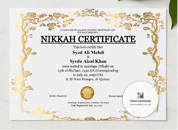 Nikah Certificate Template with Witnesses Landscape presented in a sleek wooden frame, elegantly arranged on a stylish table.