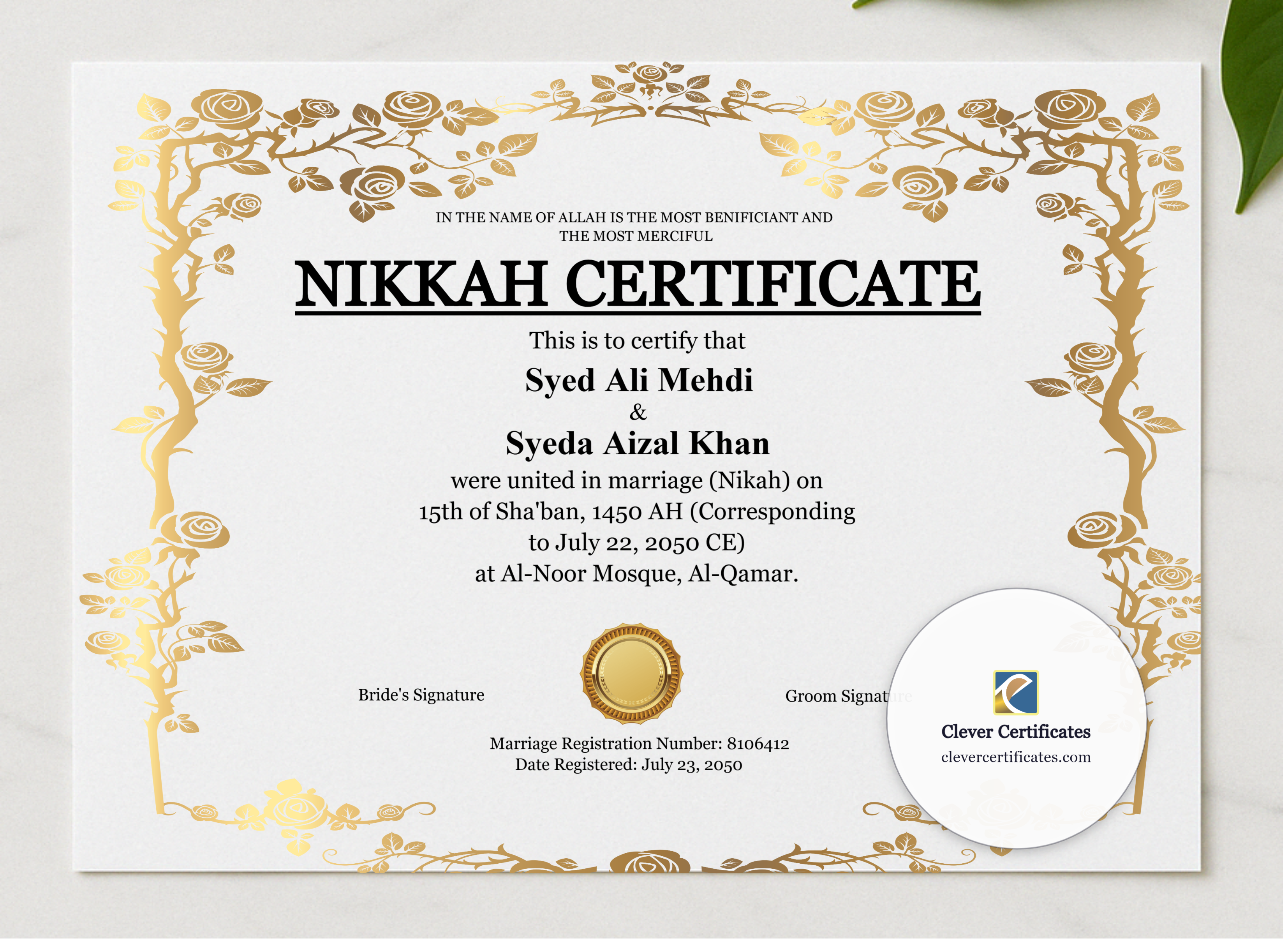 Nikah Certificate Template with Witnesses Landscape presented in a sleek wooden frame, elegantly arranged on a stylish table.