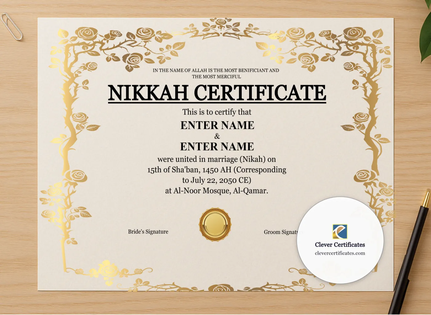 Professional preview of Nikah Certificate Template with Witnesses Landscape certificate on high-quality stationery paper, ideal for showcasing the final look.