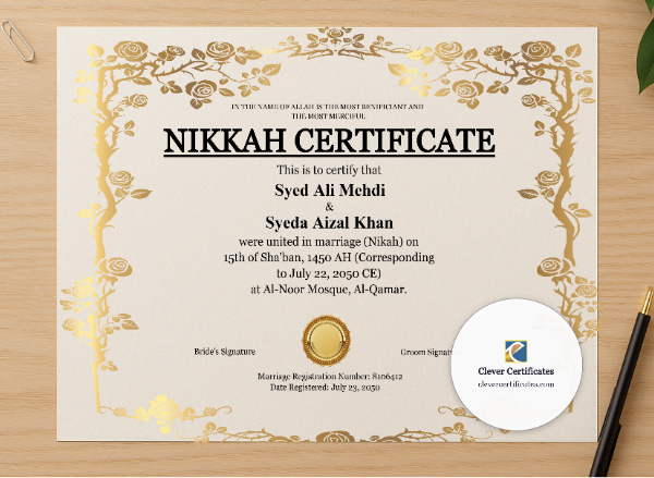 Professional preview of Nikah Certificate Template with Witnesses Landscape certificate on high-quality stationery paper, ideal for showcasing the final look.