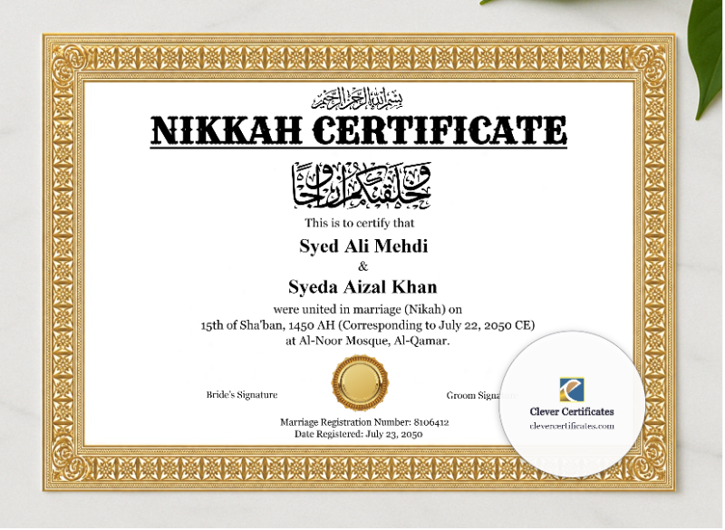 Arabic and English Nikah Certificate Template Landscape presented in a sleek wooden frame, elegantly arranged on a stylish table.