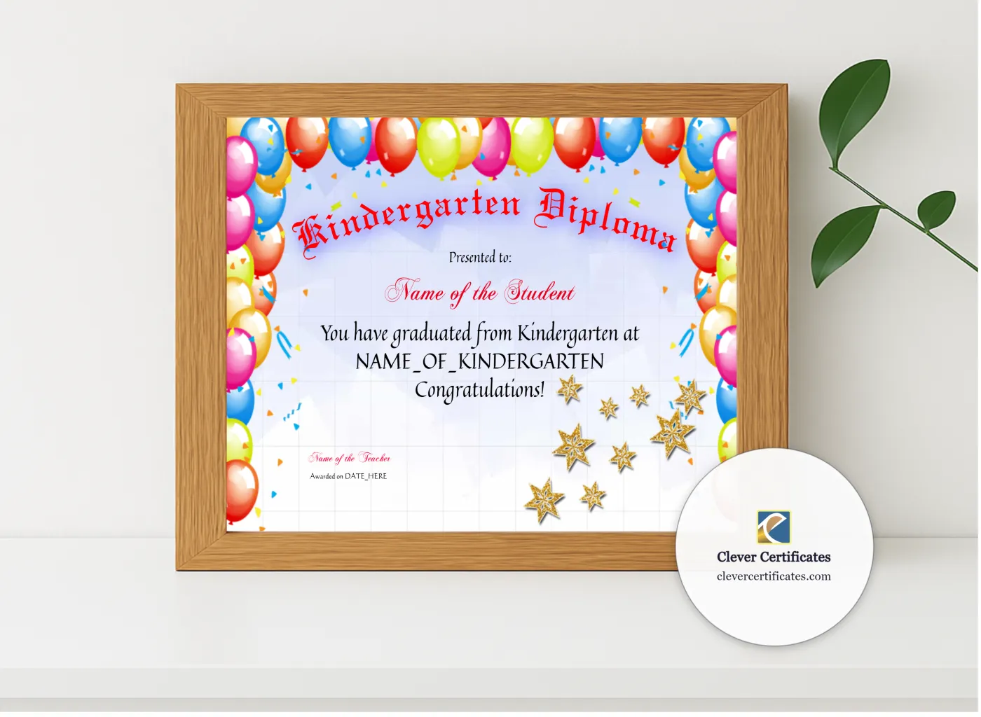 Realistic mockup featuring Kindergarten Diploma displayed within a modern frame, set against a minimalistic background.