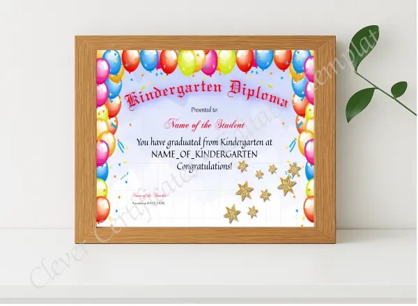 Realistic mockup featuring Kindergarten Diploma displayed within a modern frame, set against a minimalistic background.