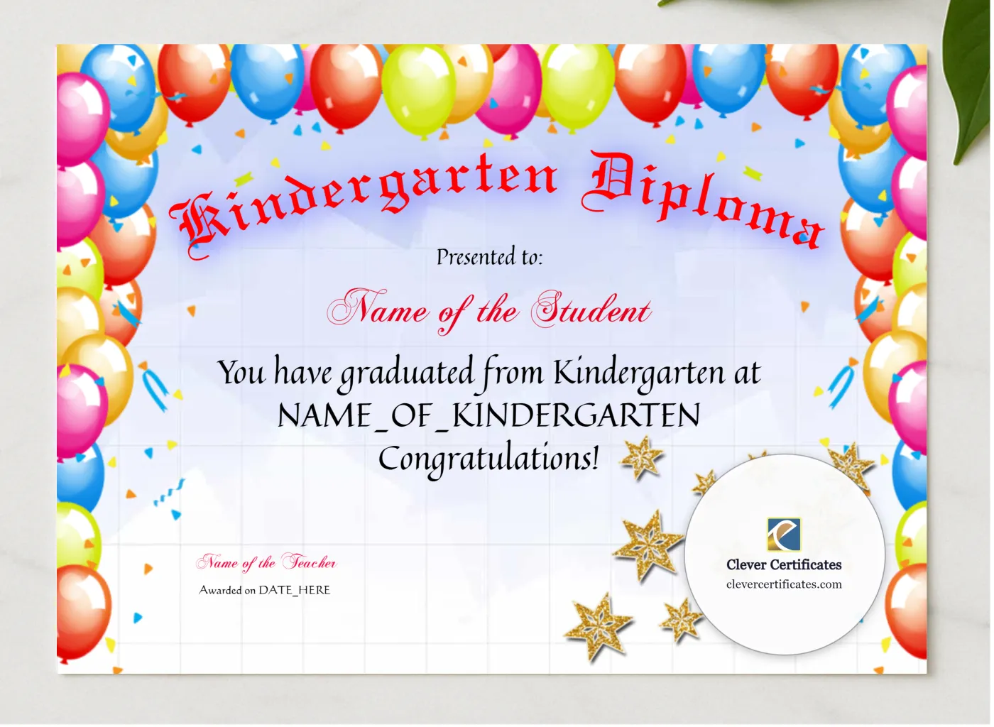 Kindergarten Diploma presented in a sleek wooden frame, elegantly arranged on a stylish table.