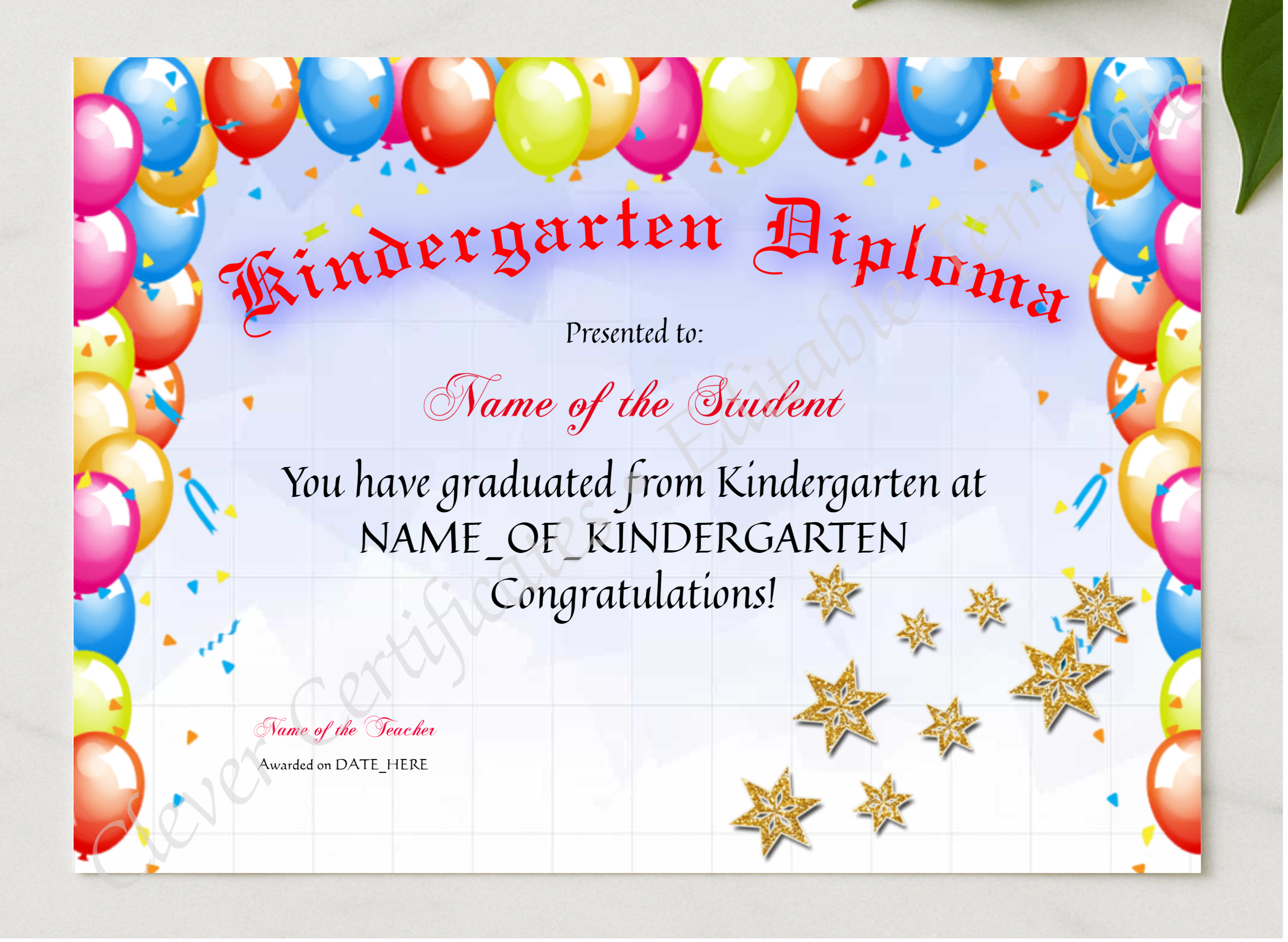 Kindergarten Diploma presented in a sleek wooden frame, elegantly arranged on a stylish table.