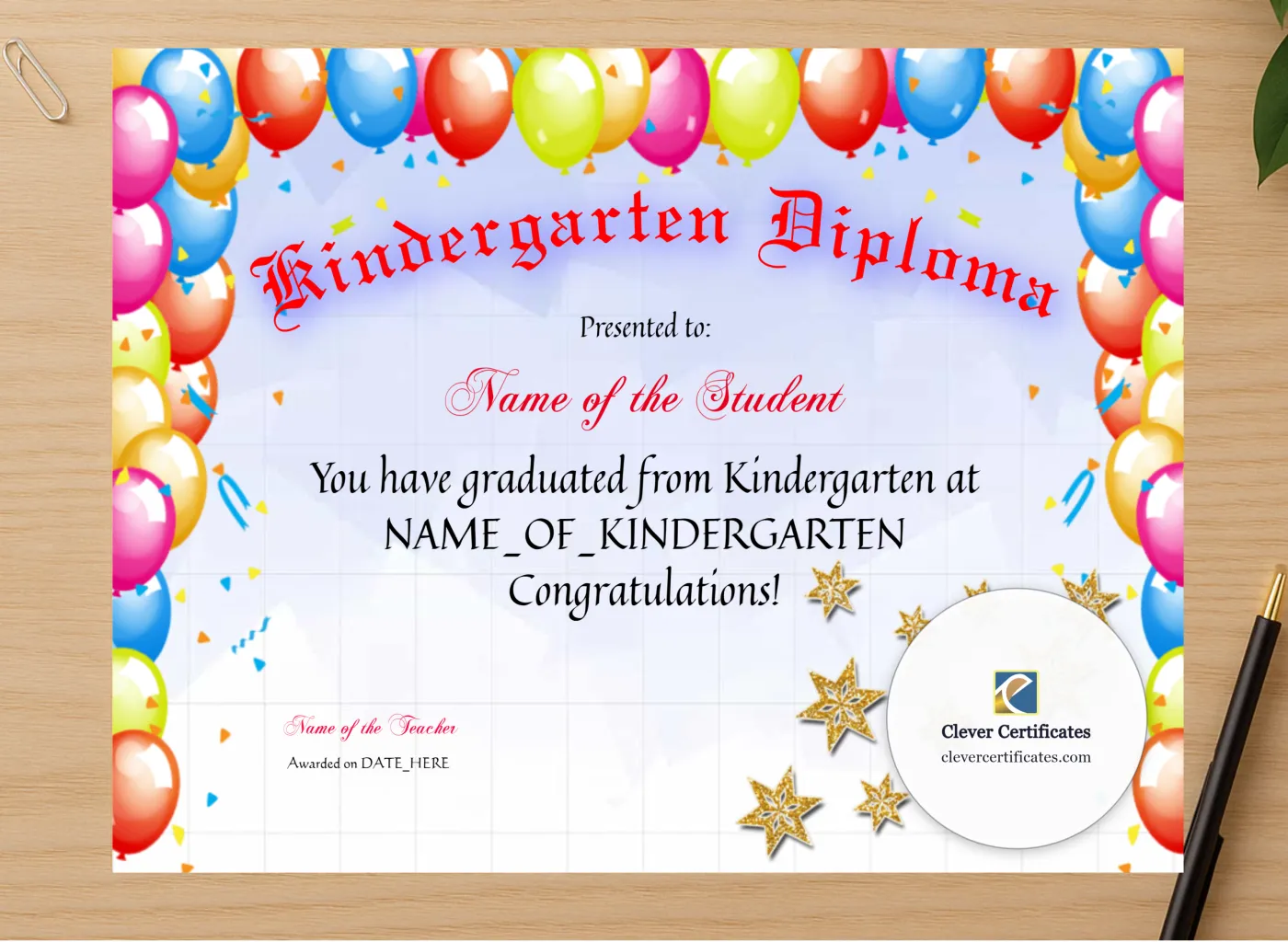 Professional preview of Kindergarten Diploma certificate on high-quality stationery paper, ideal for showcasing the final look.