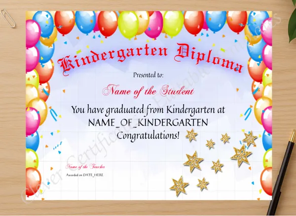 Professional preview of Kindergarten Diploma certificate on high-quality stationery paper, ideal for showcasing the final look.