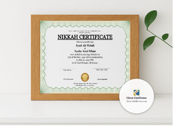 Realistic mockup featuring Nikah Certificate Template with Mahr Landscape displayed within a modern frame, set against a minimalistic background.