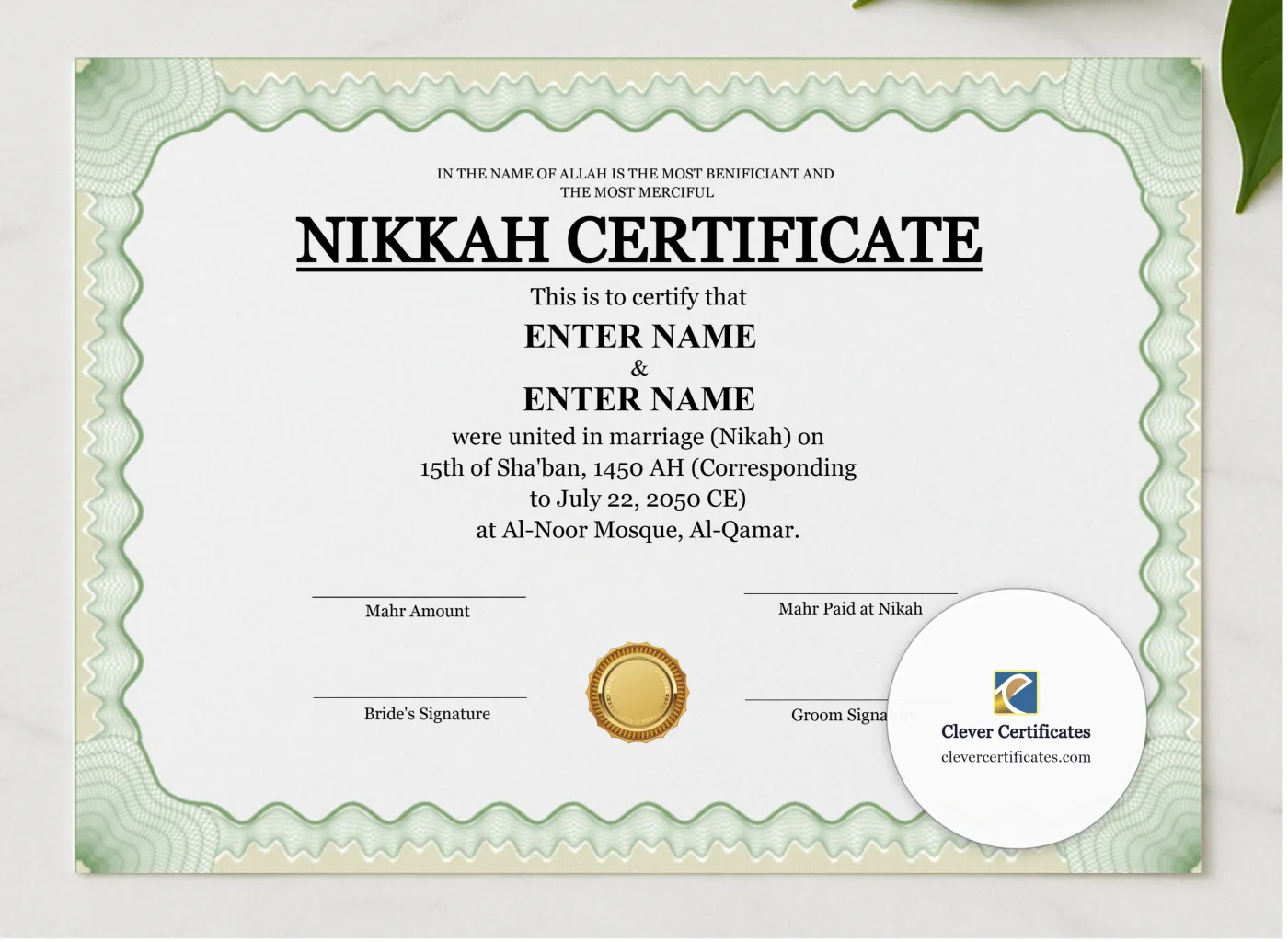 Nikah Certificate Template with Mahr Landscape presented in a sleek wooden frame, elegantly arranged on a stylish table.