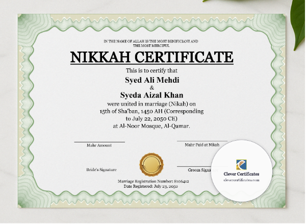 Nikah Certificate Template with Mahr Landscape presented in a sleek wooden frame, elegantly arranged on a stylish table.