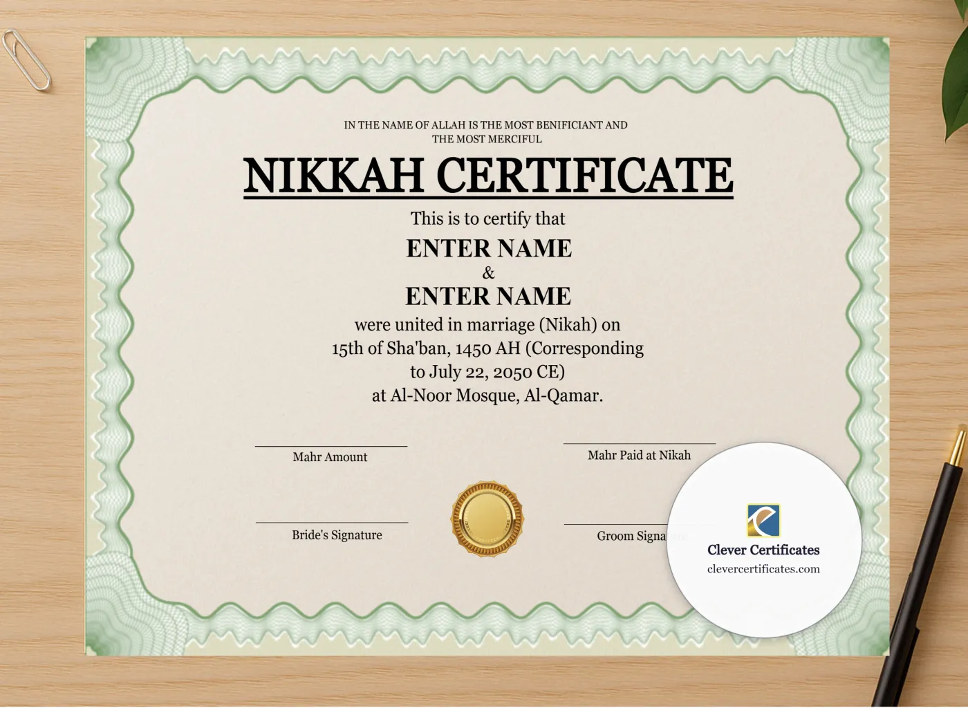 Professional preview of Nikah Certificate Template with Mahr Landscape certificate on high-quality stationery paper, ideal for showcasing the final look.