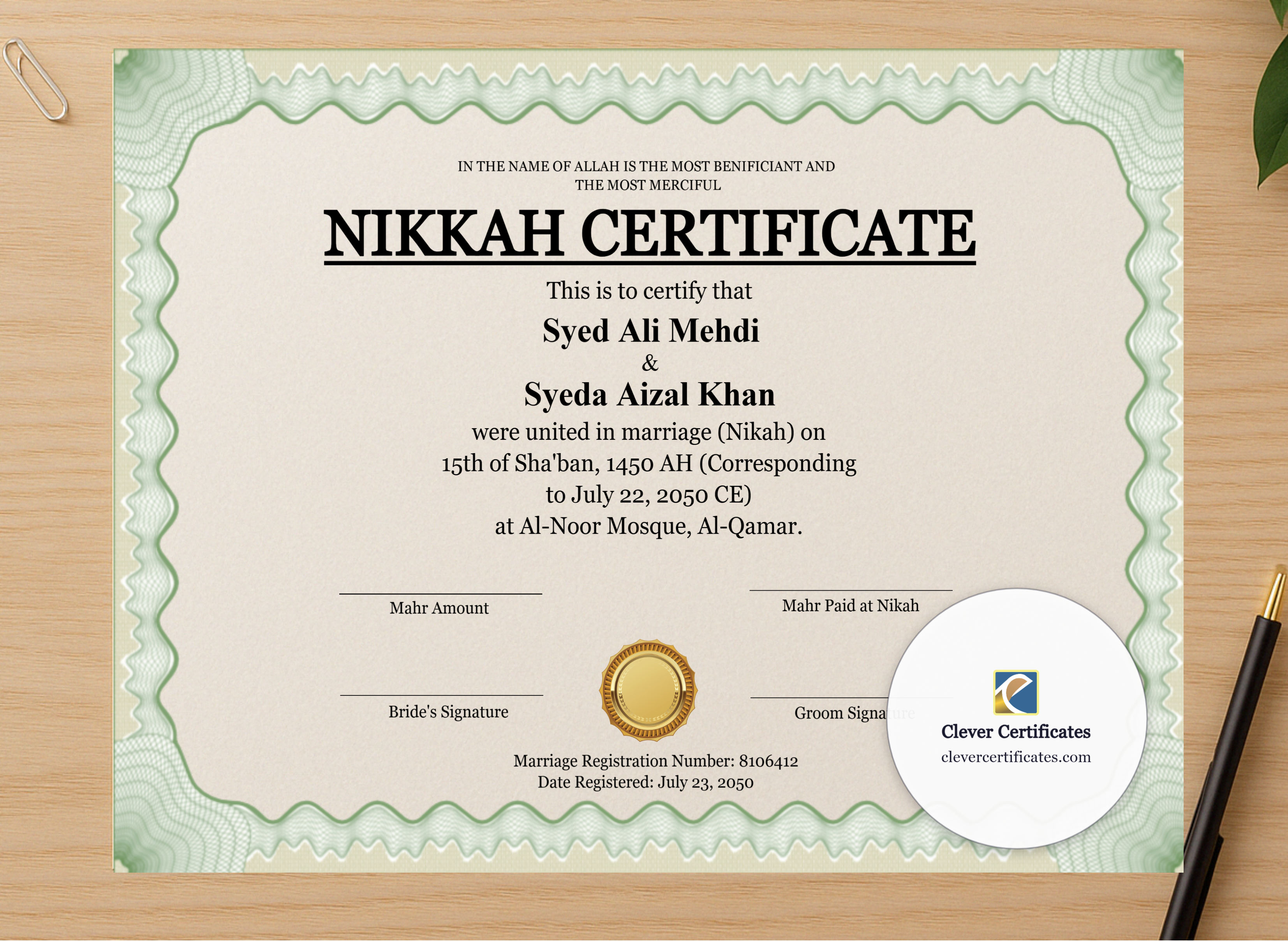 Professional preview of Nikah Certificate Template with Mahr Landscape certificate on high-quality stationery paper, ideal for showcasing the final look.