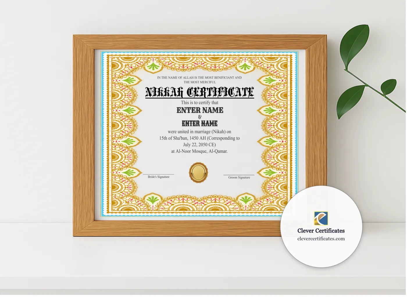 Realistic mockup featuring Nikkah Certificate Template UK Landscape displayed within a modern frame, set against a minimalistic background.